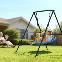 VEVOR Swing Set for Backyard, 60 x 32 in Swing Seat with Heavy Duty A-Frame Metal Stand, 440 lbs Load Capacity, Reinforced with Spiral Ground Anchors, Swingset Outdoor for Kids, Black and Colorful