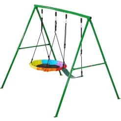 VEVOR Swing Set for Backyard, 45 x 30 in Swing Seat and Two Belt Seats, with Heavy Duty A-Frame Metal Stand, 700 lbs Load Capacity, Reinforced with Spiral Ground Anchors, Swingset Outdoor for Kids