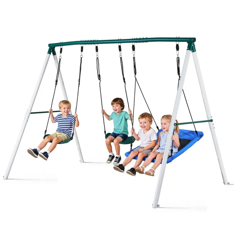 VEVOR Swing Set for Backyard, 45 x 30 in Swing Seat and Two Belt Seats, with Heavy Duty A-Frame Metal Stand, 700 lbs Load Capacity, Reinforced with Spiral Ground Anchors, Swingset Outdoor for Kids