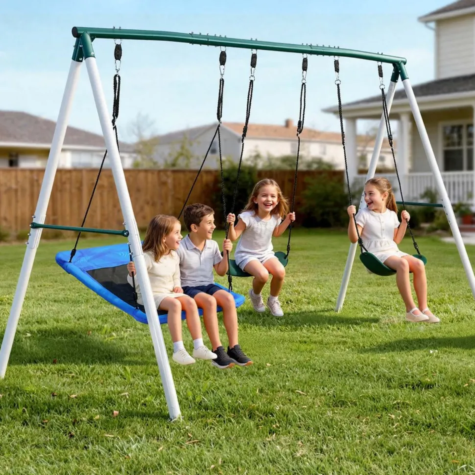 VEVOR Swing Set for Backyard, 45 x 30 in Swing Seat and Two Belt Seats, with Heavy Duty A-Frame Metal Stand, 700 lbs Load Capacity, Reinforced with Spiral Ground Anchors, Swingset Outdoor for Kids