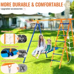 VEVOR Swing Sets for Backyard, 6 in 1 Swing Set with 2 Swings, Trapeze Bar, Climbing Ladder, Climbing Net, and Basketball Hoop, 440lbs Load Capacity Heavy-Duty Metal Swingset Outdoor for Kids Ages 3+