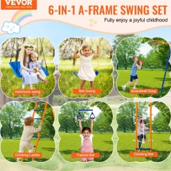 VEVOR Swing Sets for Backyard, 6 in 1 Swing Set with 2 Swings, Trapeze Bar, Climbing Ladder, Climbing Net, and Basketball Hoop, 440lbs Load Capacity Heavy-Duty Metal Swingset Outdoor for Kids Ages 3+
