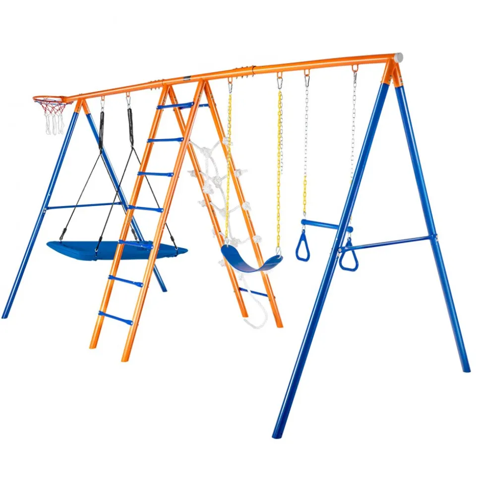VEVOR Swing Sets for Backyard, 6 in 1 Swing Set with 2 Swings, Trapeze Bar, Climbing Ladder, Climbing Net, and Basketball Hoop, 440lbs Load Capacity Heavy-Duty Metal Swingset Outdoor for Kids Ages 3+