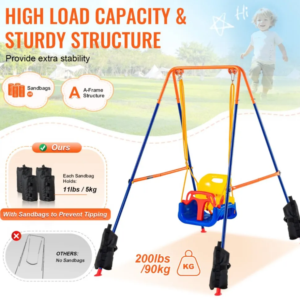 VEVOR Swing Sets for Backyard, 3-in-1 Toddler Swing Set with 4 Sandbags, Foldable Metal Stand, Easy to Assemble, Swingset Indoor/Outdoor for Kids 3-6 Years, Youth 6-10 Years and Teenagers 10+