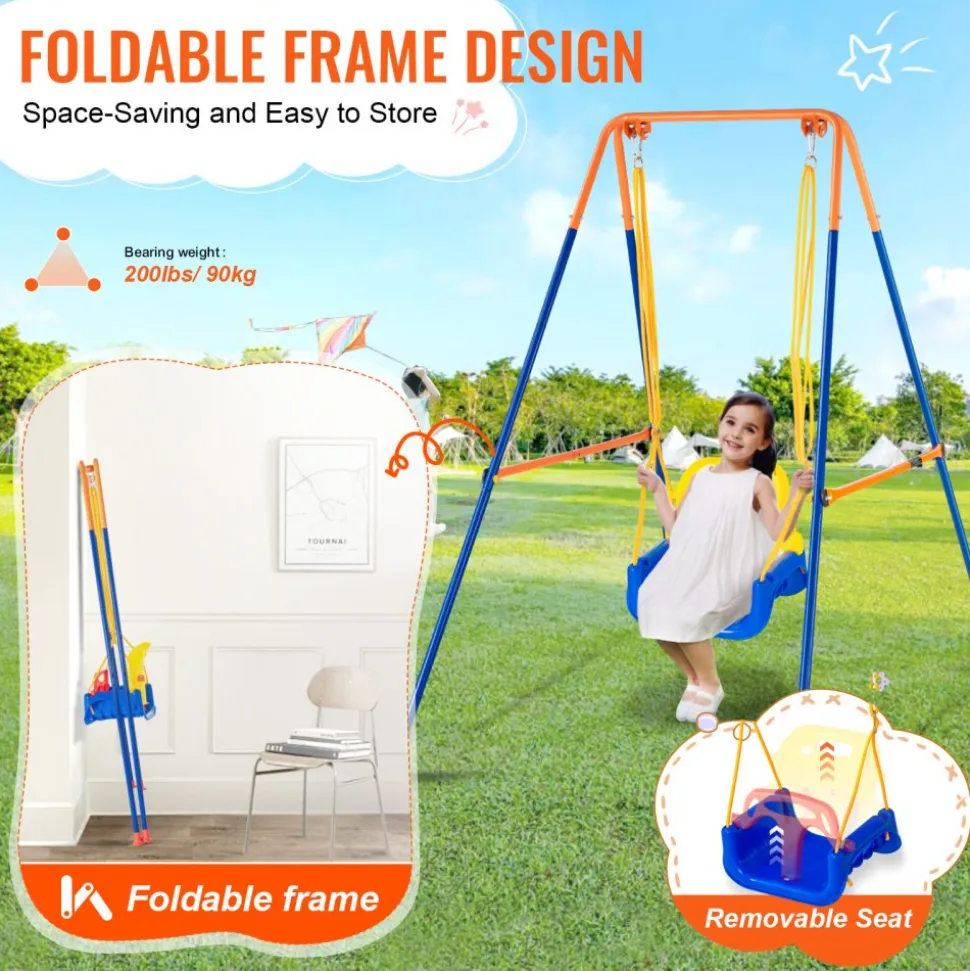 VEVOR Swing Sets for Backyard, 3-in-1 Toddler Swing Set with 4 Sandbags, Foldable Metal Stand, Easy to Assemble, Swingset Indoor/Outdoor for Kids 3-6 Years, Youth 6-10 Years and Teenagers 10+