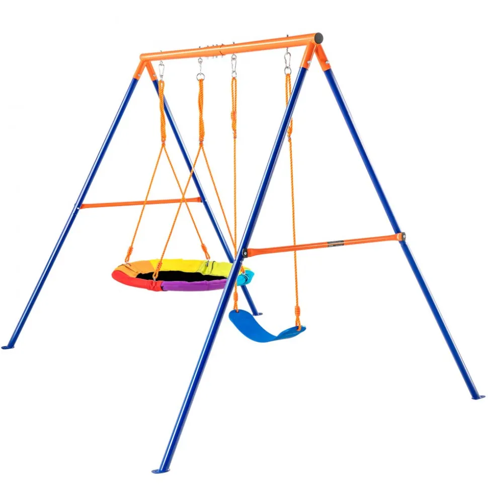 VEVOR Swing Sets for Backyard, 440lbs Load Capacity Swing Set, with 1 Saucer Swing Seat, 1 Belt Swing Seat, Heavy Duty A-Frame Metal Swing Stand and Adjustable Rope, Swingset Outdoor for Kids