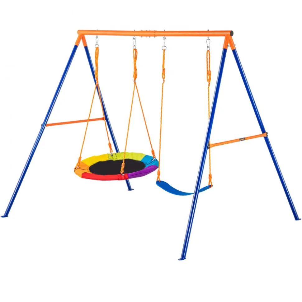 VEVOR Swing Sets for Backyard, 440lbs Load Capacity Swing Set, with 1 Saucer Swing Seat, 1 Belt Swing Seat, Heavy Duty A-Frame Metal Swing Stand and Adjustable Rope, Swingset Outdoor for Kids
