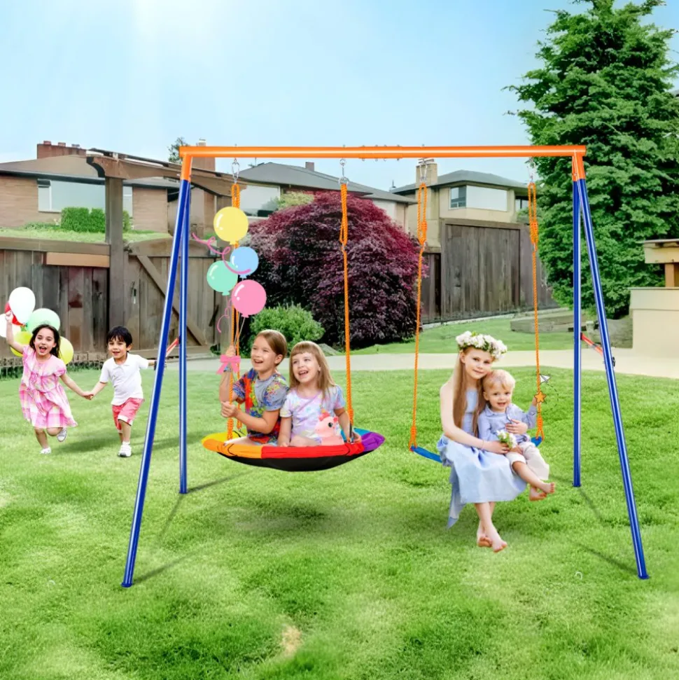 VEVOR Swing Sets for Backyard, 440lbs Load Capacity Swing Set, with 1 Saucer Swing Seat, 1 Belt Swing Seat, Heavy Duty A-Frame Metal Swing Stand and Adjustable Rope, Swingset Outdoor for Kids