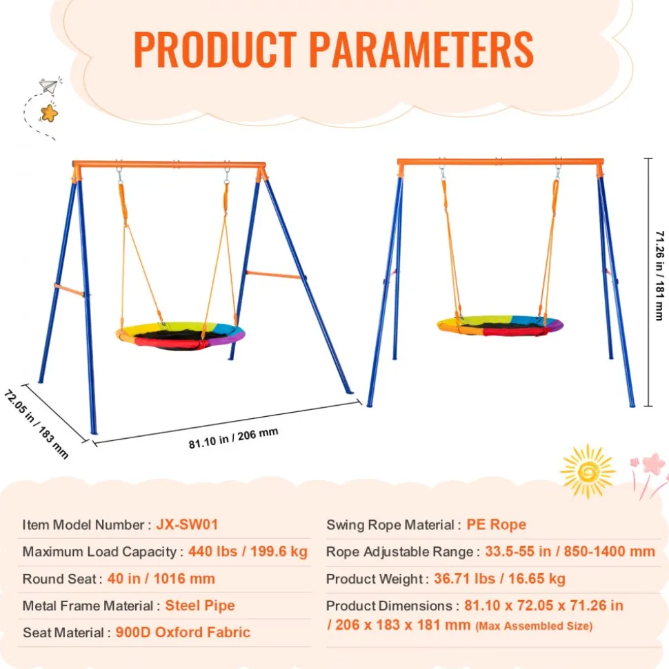 VEVOR Swing Sets for Backyard, 440lbs Load Capacity Swing Set, 40" Saucer Swing Seat with Heavy Duty A-Frame Metal Swing Stand and Adjustable Rope, Easy to Assemble, Swingset Outdoor for Kids