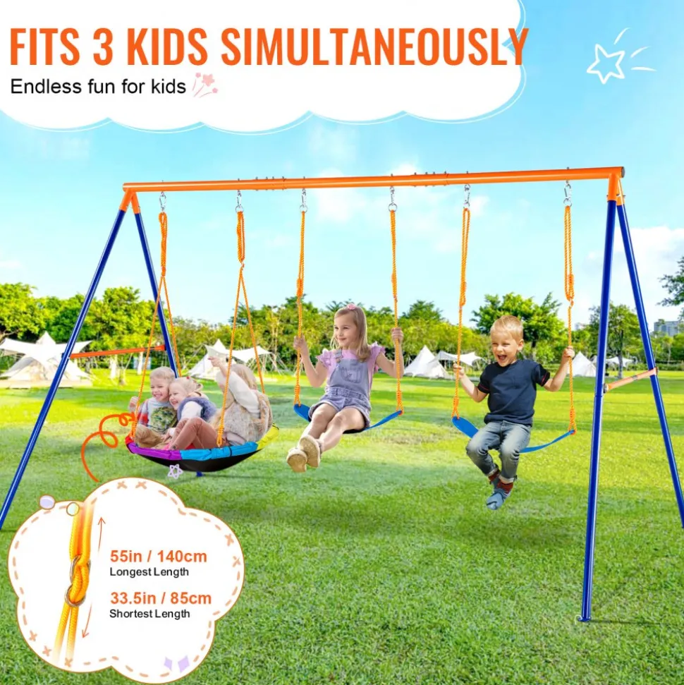 VEVOR Swing Sets for Backyard, 600lbs Load Capacity Swing Set, with 1 Saucer Swing Seat, 2 Belt Swing Seats, Heavy Duty A-Frame Metal Swing Stand and Adjustable Rope, Swingset Outdoor for Kids