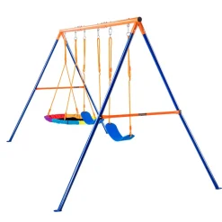 VEVOR Swing Sets for Backyard, 600lbs Load Capacity Swing Set, with 1 Saucer Swing Seat, 2 Belt Swing Seats, Heavy Duty A-Frame Metal Swing Stand and Adjustable Rope, Swingset Outdoor for Kids
