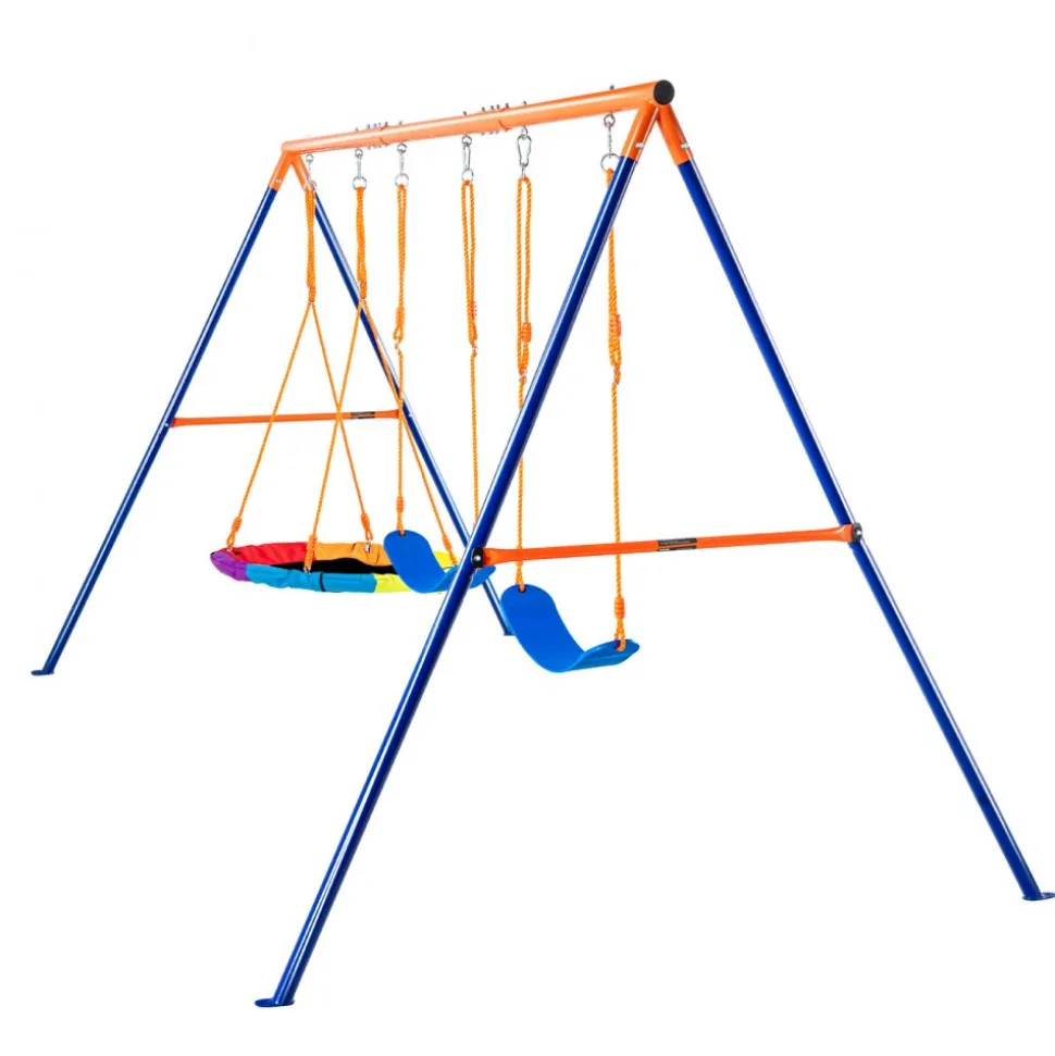 VEVOR Swing Sets for Backyard, 600lbs Load Capacity Swing Set, with 1 Saucer Swing Seat, 2 Belt Swing Seats, Heavy Duty A-Frame Metal Swing Stand and Adjustable Rope, Swingset Outdoor for Kids