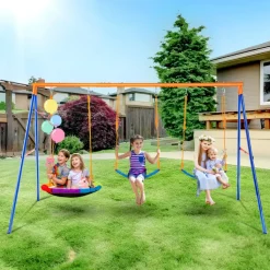 VEVOR Swing Sets for Backyard, 600lbs Load Capacity Swing Set, with 1 Saucer Swing Seat, 2 Belt Swing Seats, Heavy Duty A-Frame Metal Swing Stand and Adjustable Rope, Swingset Outdoor for Kids