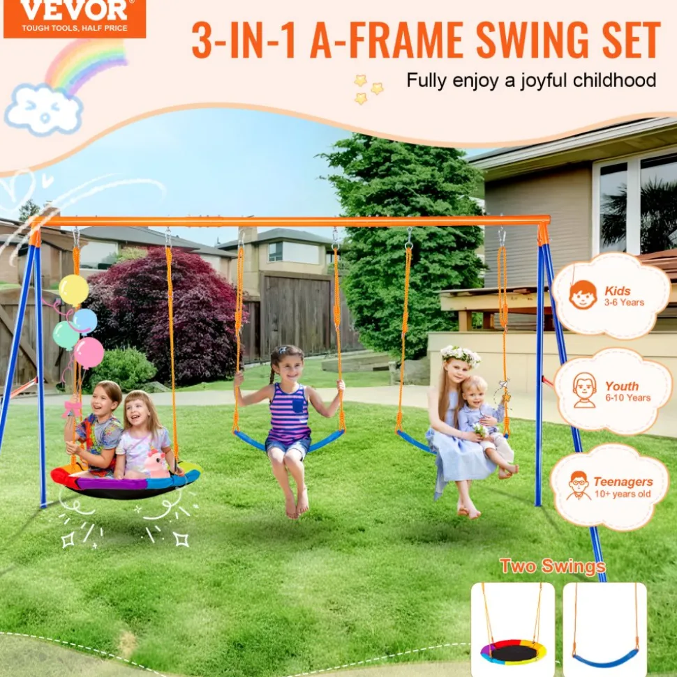 VEVOR Swing Sets for Backyard, 600lbs Load Capacity Swing Set, with 1 Saucer Swing Seat, 2 Belt Swing Seats, Heavy Duty A-Frame Metal Swing Stand and Adjustable Rope, Swingset Outdoor for Kids