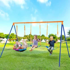 VEVOR Swing Sets for Backyard, 600lbs Load Capacity Swing Set, with 1 Saucer Swing Seat, 2 Belt Swing Seats, Heavy Duty A-Frame Metal Swing Stand and Adjustable Rope, Swingset Outdoor for Kids