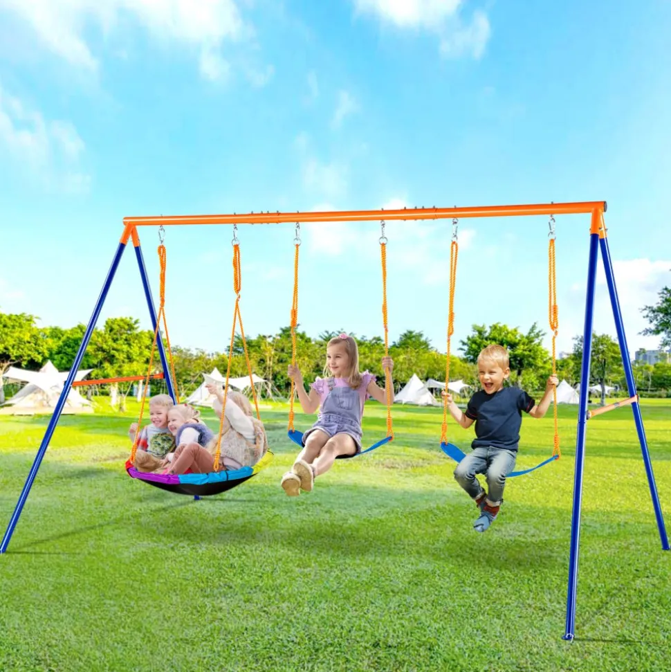 VEVOR Swing Sets for Backyard, 600lbs Load Capacity Swing Set, with 1 Saucer Swing Seat, 2 Belt Swing Seats, Heavy Duty A-Frame Metal Swing Stand and Adjustable Rope, Swingset Outdoor for Kids