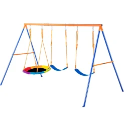 VEVOR Swing Sets for Backyard, 600lbs Load Capacity Swing Set, with 1 Saucer Swing Seat, 2 Belt Swing Seats, Heavy Duty A-Frame Metal Swing Stand and Adjustable Rope, Swingset Outdoor for Kids