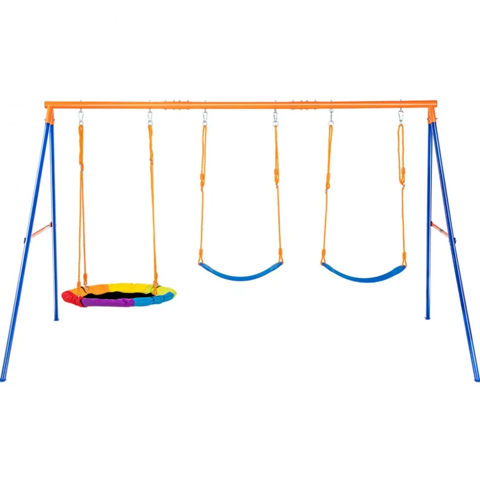VEVOR Swing Sets for Backyard, 600lbs Load Capacity Swing Set, with 1 Saucer Swing Seat, 2 Belt Swing Seats, Heavy Duty A-Frame Metal Swing Stand and Adjustable Rope, Swingset Outdoor for Kids