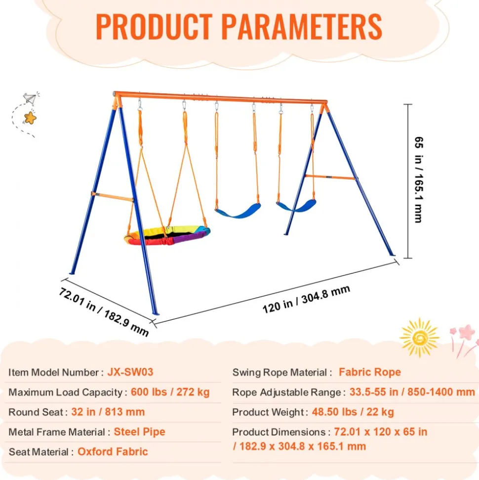 VEVOR Swing Sets for Backyard, 600lbs Load Capacity Swing Set, with 1 Saucer Swing Seat, 2 Belt Swing Seats, Heavy Duty A-Frame Metal Swing Stand and Adjustable Rope, Swingset Outdoor for Kids