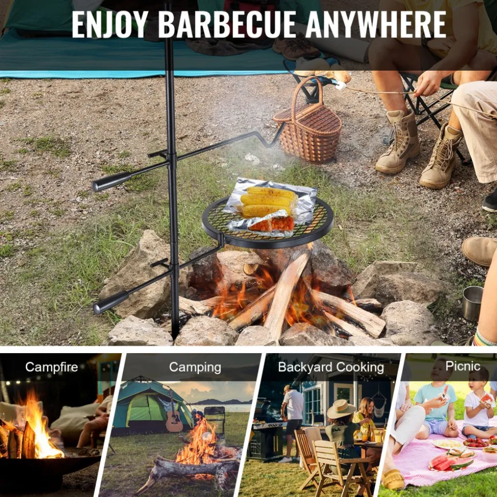 VEVOR Swivel Campfire Grill, Fire Pit Grill Grate over Fire Pits, Heavy Duty Steel Grill Grates, 360° Adjustable Open Fire Outdoor Cooking Equipment, Portable Camp Fire Racks for Camping Outdoor BBQ