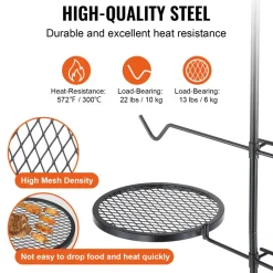 VEVOR Swivel Campfire Grill, Fire Pit Grill Grate over Fire Pits, Heavy Duty Steel Grill Grates, 360° Adjustable Open Fire Outdoor Cooking Equipment, Portable Camp Fire Racks for Camping Outdoor BBQ