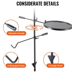 VEVOR Swivel Campfire Grill, Fire Pit Grill Grate over Fire Pits, Heavy Duty Steel Grill Grates, 360° Adjustable Open Fire Outdoor Cooking Equipment, Portable Camp Fire Racks for Camping Outdoor BBQ