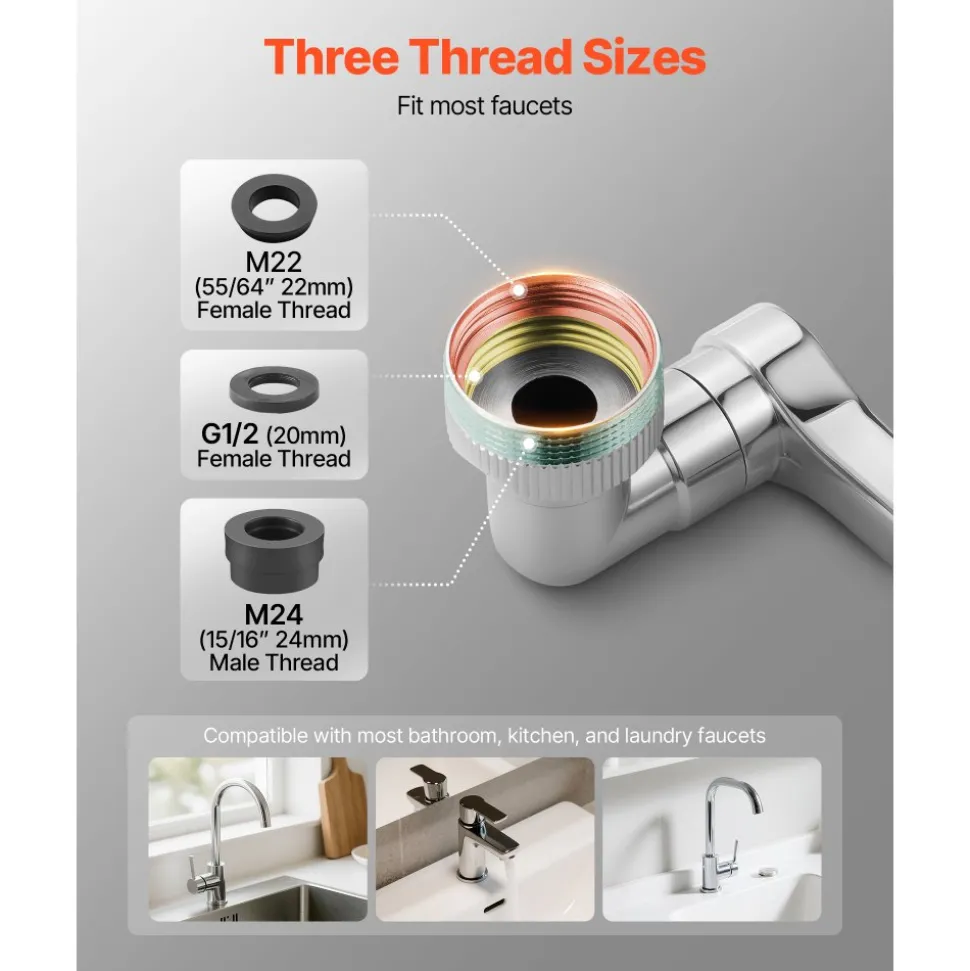 VEVOR 1080° Swivel Faucet Extender, 2 Sprayer Modes Sink Water Faucet Aerator Extension, Kitchen Bathroom Rotatable Spray Attachment with Brass Robotic Arm, Rotating Splash Filter Wash Hand/Hair/Face