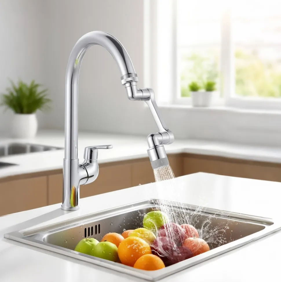 VEVOR 1080° Swivel Faucet Extender, 2 Sprayer Modes Sink Water Faucet Aerator Extension, Kitchen Bathroom Rotatable Spray Attachment with Brass Robotic Arm, Rotating Splash Filter Wash Hand/Hair/Face