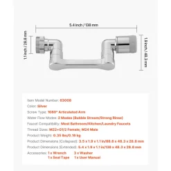 VEVOR 1080° Swivel Faucet Extender, 2 Sprayer Modes Sink Water Faucet Aerator Extension, Kitchen Bathroom Rotatable Spray Attachment with Brass Robotic Arm, Rotating Splash Filter Wash Hand/Hair/Face