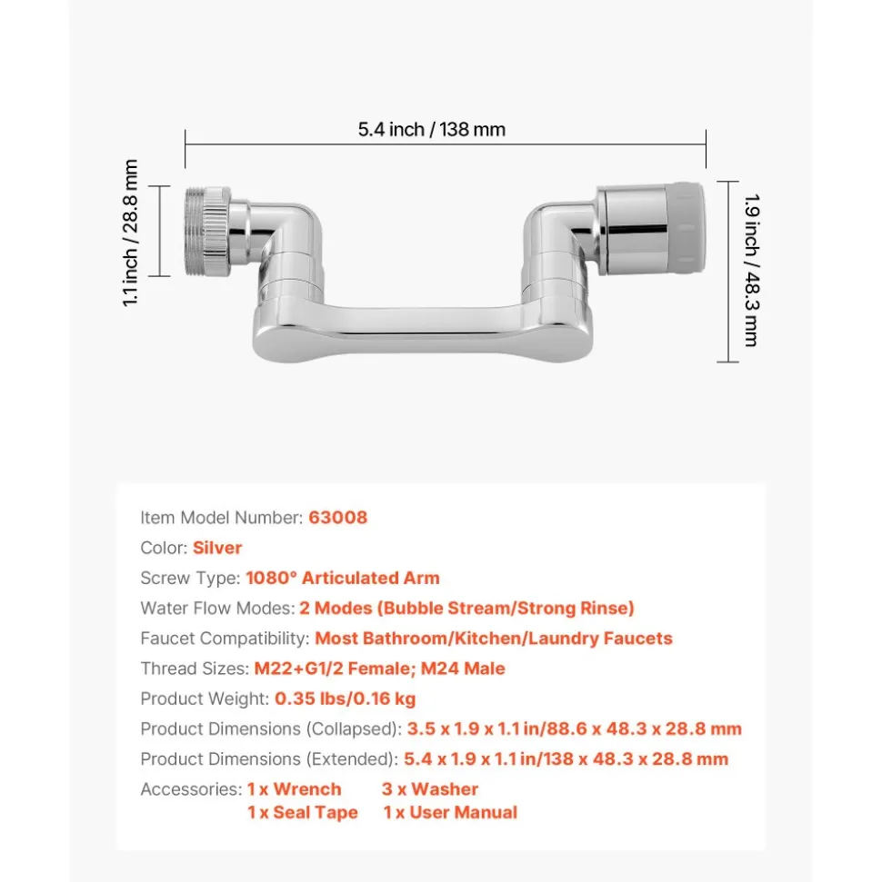 VEVOR 1080° Swivel Faucet Extender, 2 Sprayer Modes Sink Water Faucet Aerator Extension, Kitchen Bathroom Rotatable Spray Attachment with Brass Robotic Arm, Rotating Splash Filter Wash Hand/Hair/Face