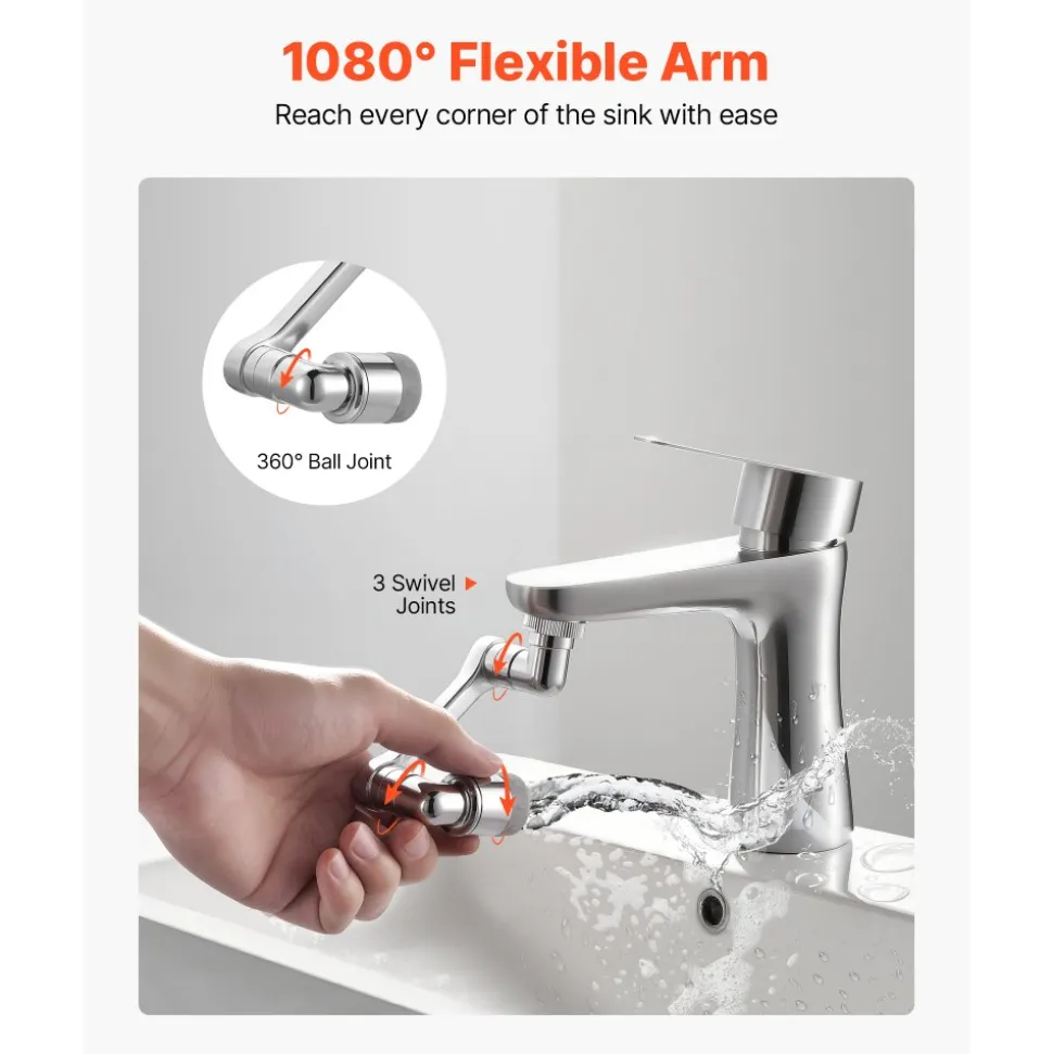 VEVOR 1080° Swivel Faucet Extender, 2 Sprayer Modes Sink Water Faucet Aerator Extension, Kitchen Bathroom Rotatable Spray Attachment with Brass Robotic Arm, Rotating Splash Filter Wash Hand/Hair/Face