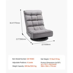 VEVOR Swivel Floor Gaming Chair, 360-Degree Rotating Floor Chair with 4 Adjustable Position Folding Backrest and Lumbar Support, Folding Video Reclining Sofa for Watching TV Reading Playing Game, Gray