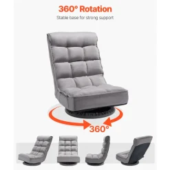 VEVOR Swivel Floor Gaming Chair, 360-Degree Rotating Floor Chair with 4 Adjustable Position Folding Backrest and Lumbar Support, Folding Video Reclining Sofa for Watching TV Reading Playing Game, Gray