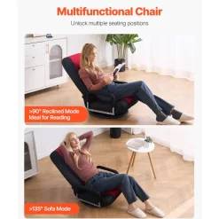 VEVOR Swivel Floor Gaming Chair with Armrests, 360-Degree Rotating Floor Chair with 6 Adjustable Position Folding Backrest and Lumbar Support, Folding Video Reclining Sofa for TV Reading, Red Black