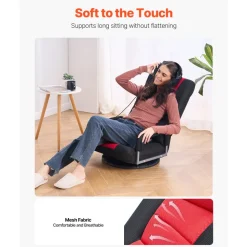 VEVOR Swivel Floor Gaming Chair with Armrests, 360-Degree Rotating Floor Chair with 6 Adjustable Position Folding Backrest and Lumbar Support, Folding Video Reclining Sofa for TV Reading, Red Black