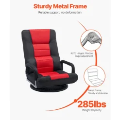 VEVOR Swivel Floor Gaming Chair with Armrests, 360-Degree Rotating Floor Chair with 6 Adjustable Position Folding Backrest and Lumbar Support, Folding Video Reclining Sofa for TV Reading, Red Black