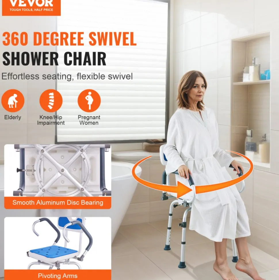 VEVOR Swivel Shower Chair 360 Degree, Adjustable Shower Seat with Pivoting Arms for Inside Showers or Tubs, Non-Slip Rotating Bathtub Shower Chair for Elderly Disabled Injured, 400LBS Capacity