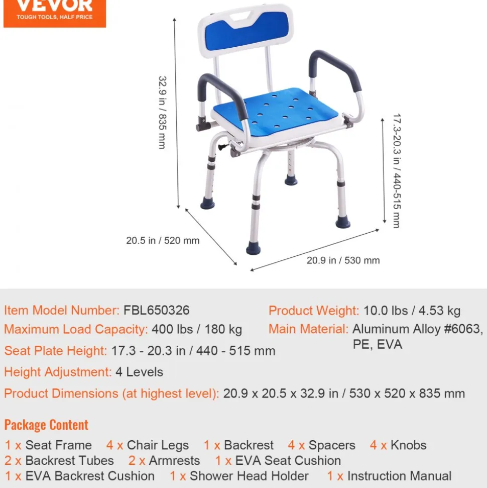 VEVOR Swivel Shower Chair 360 Degree, Adjustable Shower Seat with Pivoting Arms for Inside Showers or Tubs, Non-Slip Rotating Bathtub Shower Chair for Elderly Disabled Injured, 400LBS Capacity