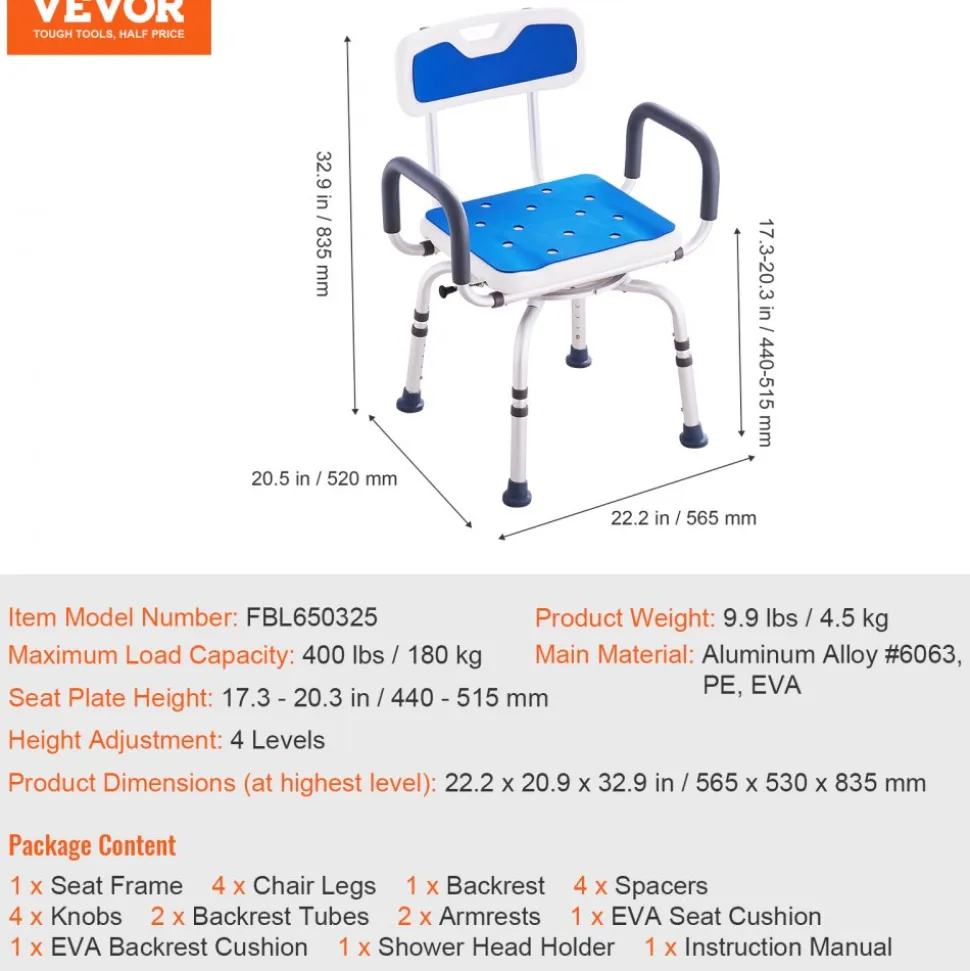 VEVOR Swivel Shower Chair 360 Degree, Adjustable Shower Seat with Armrests and Backrest for Inside Shower or Bathtub, Non-Slip Rotating Bathtub Chair Seat for Elderly Disabled Injured, 400lbs Capacity