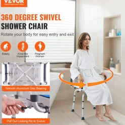 VEVOR Swivel Shower Chair 360 Degree, Adjustable Shower Seat with Armrests and Backrest for Inside Shower or Bathtub, Non-Slip Rotating Bathtub Chair Seat for Elderly Disabled Injured, 400lbs Capacity