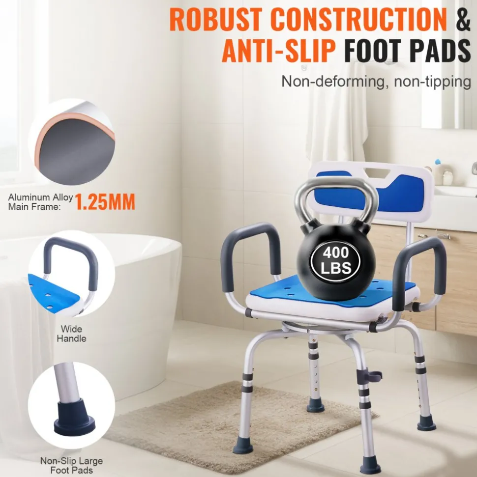 VEVOR Swivel Shower Chair 360 Degree, Adjustable Shower Seat with Armrests and Backrest for Inside Shower or Bathtub, Non-Slip Rotating Bathtub Chair Seat for Elderly Disabled Injured, 400lbs Capacity