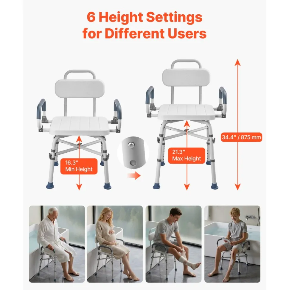 VEVOR Swivel Shower Chair with Arms and Back, 500 lbs Heavy Duty Bench Seat for Inside Shower Stall and Bathtub, Height Adjustable Bathroom Bath Tub Seat for Adults, Seniors, Elderly and Disabled