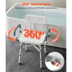 VEVOR Swivel Shower Chair with Arms and Back, 500 lbs Heavy Duty Bench Seat for Inside Shower Stall and Bathtub, Height Adjustable Bathroom Bath Tub Seat for Adults, Seniors, Elderly and Disabled