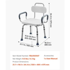 VEVOR Swivel Shower Chair with Arms and Back, 400 lbs Heavy Duty Bench Seat for Inside Shower Stall and Bathtub, Height Adjustable Bathroom Bath Tub Seat for Adults, Seniors, Elderly and Disabled
