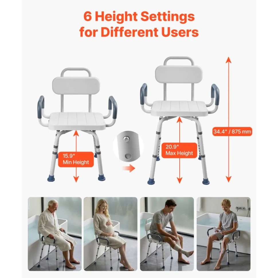 VEVOR Swivel Shower Chair with Arms and Back, 400 lbs Heavy Duty Bench Seat for Inside Shower Stall and Bathtub, Height Adjustable Bathroom Bath Tub Seat for Adults, Seniors, Elderly and Disabled