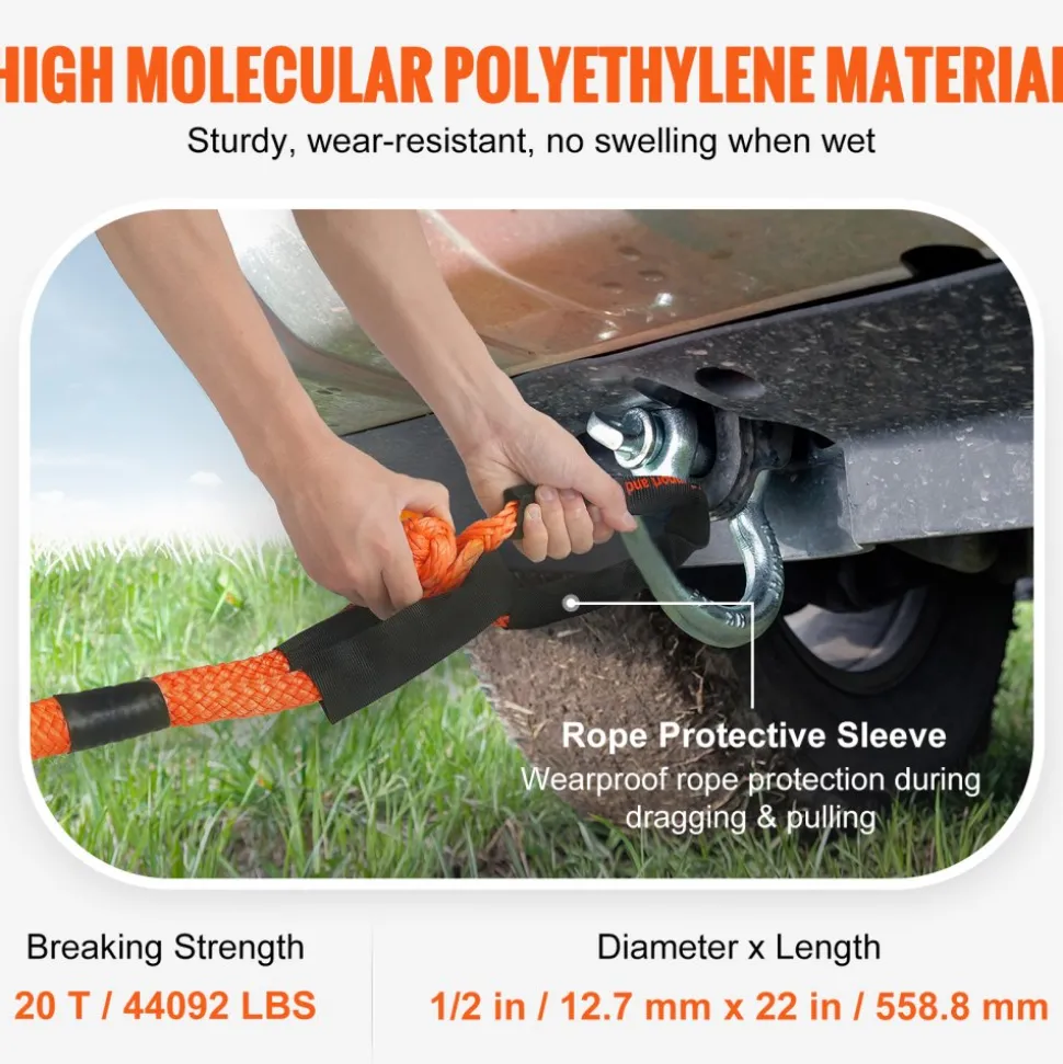 VEVOR Synthetic Soft Shackle, 1/2" x 22" (2 Pack) 44092 lbs (20 Ton) Breaking Strength Recovery Tow Shackles with Extra 2 Sleeves & Storage Bag for UTV, ATV, Trucks, Jeep, Off-Road Vehicles, Orange