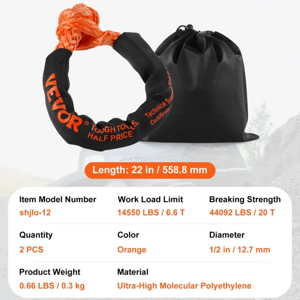 VEVOR Synthetic Soft Shackle, 1/2" x 22" (2 Pack) 44092 lbs (20 Ton) Breaking Strength Recovery Tow Shackles with Extra 2 Sleeves & Storage Bag for UTV, ATV, Trucks, Jeep, Off-Road Vehicles, Orange