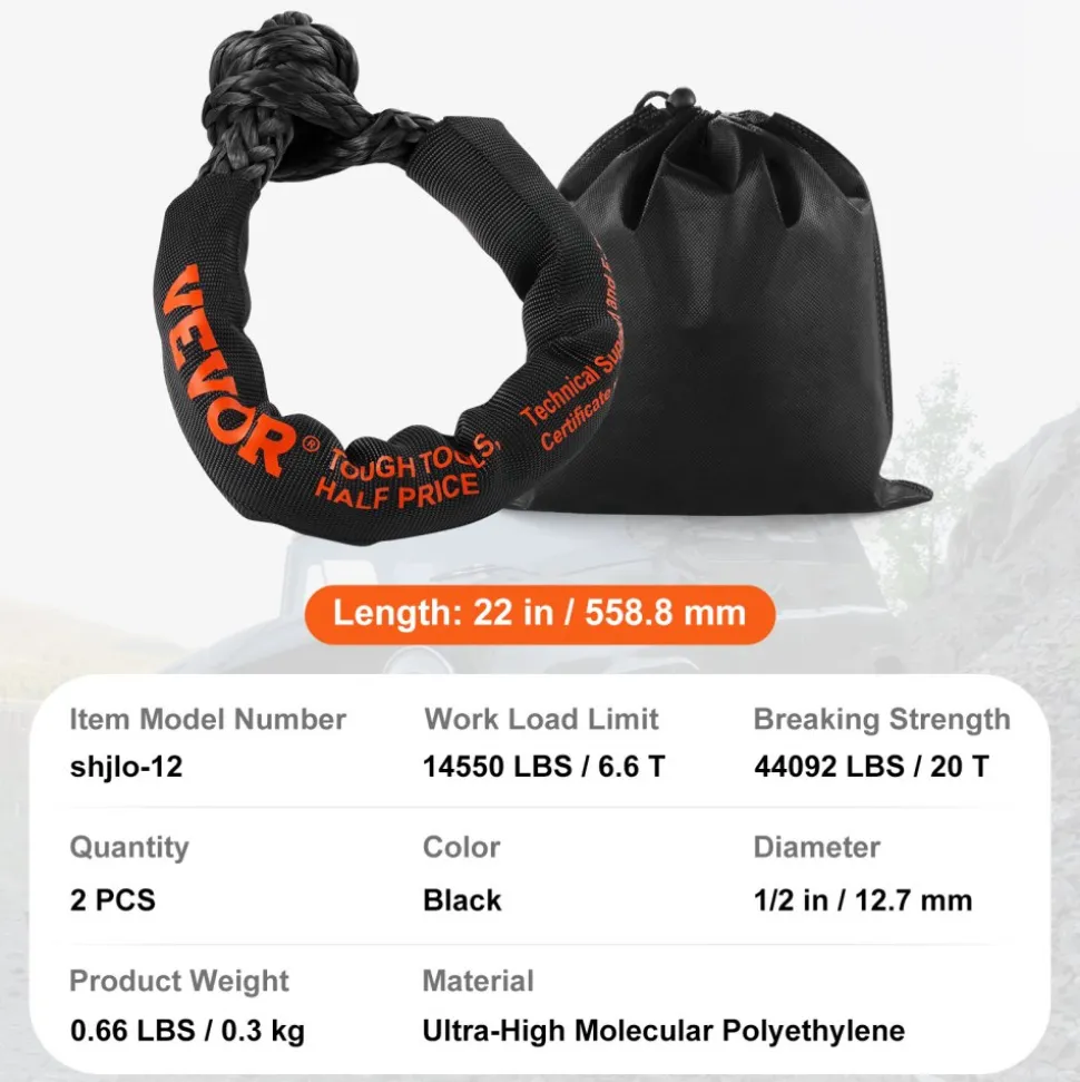 VEVOR Synthetic Soft Shackle, 1/2" x 22" (2 Pack) 44092 lbs (20 Ton) Breaking Strength Recovery Tow Shackles with Extra 2 Sleeves & Storage Bag for UTV, ATV, Trucks, Jeep, Off-Road Vehicles, Black