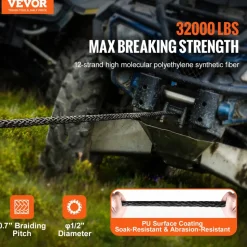 VEVOR Synthetic Winch Rope, 1/2 Inch x 92 Feet 32,000 lbs Synthetic Winch Line Cable Rope with Protective Sleeve + Forged Winch Hook + Pull Strap, Universal Fit for SUV, Large Off-Road Vehicle, Truck