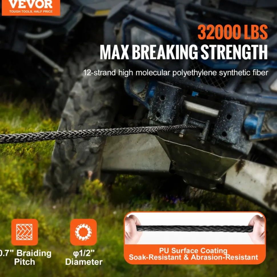 VEVOR Synthetic Winch Rope, 1/2 Inch x 92 Feet 32,000 lbs Synthetic Winch Line Cable Rope with Protective Sleeve + Forged Winch Hook + Pull Strap, Universal Fit for SUV, Large Off-Road Vehicle, Truck